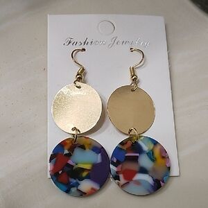 Rainbow Tortoise Shell Acrylic And Gold Double Circle Dangle Earrings